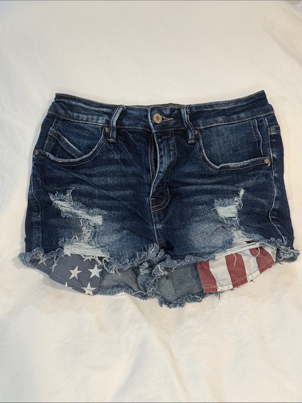 KanCan Dark Blue Distressed Denim Shorts with Flag Trim